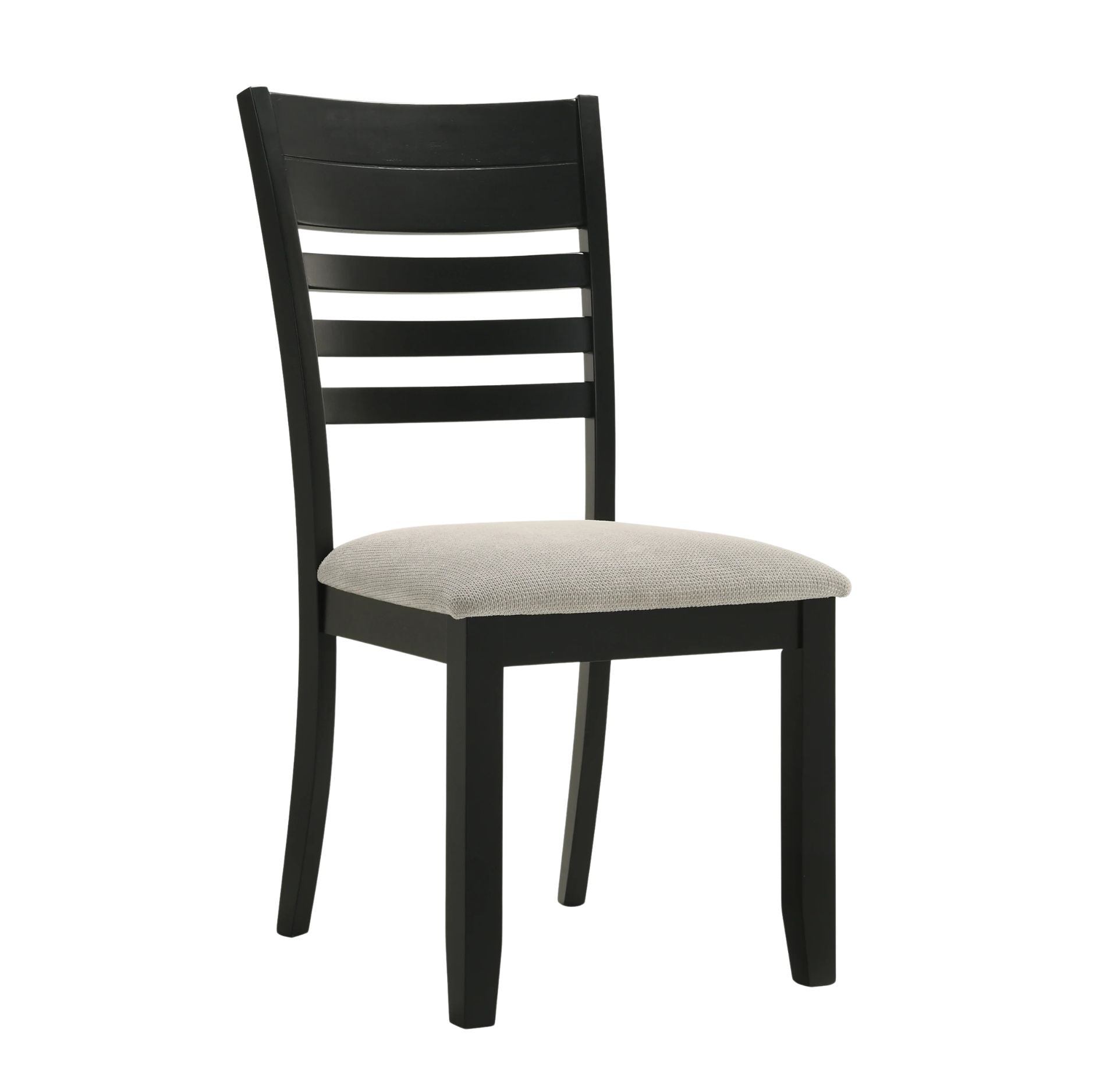 A modern side chair with a black wooden frame and a light beige upholstered seat cushion, shown against a plain white background.