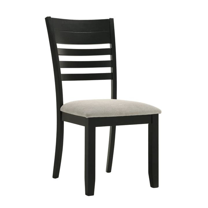 A modern side chair with a black wooden frame and a light beige upholstered seat cushion, shown against a plain white background.