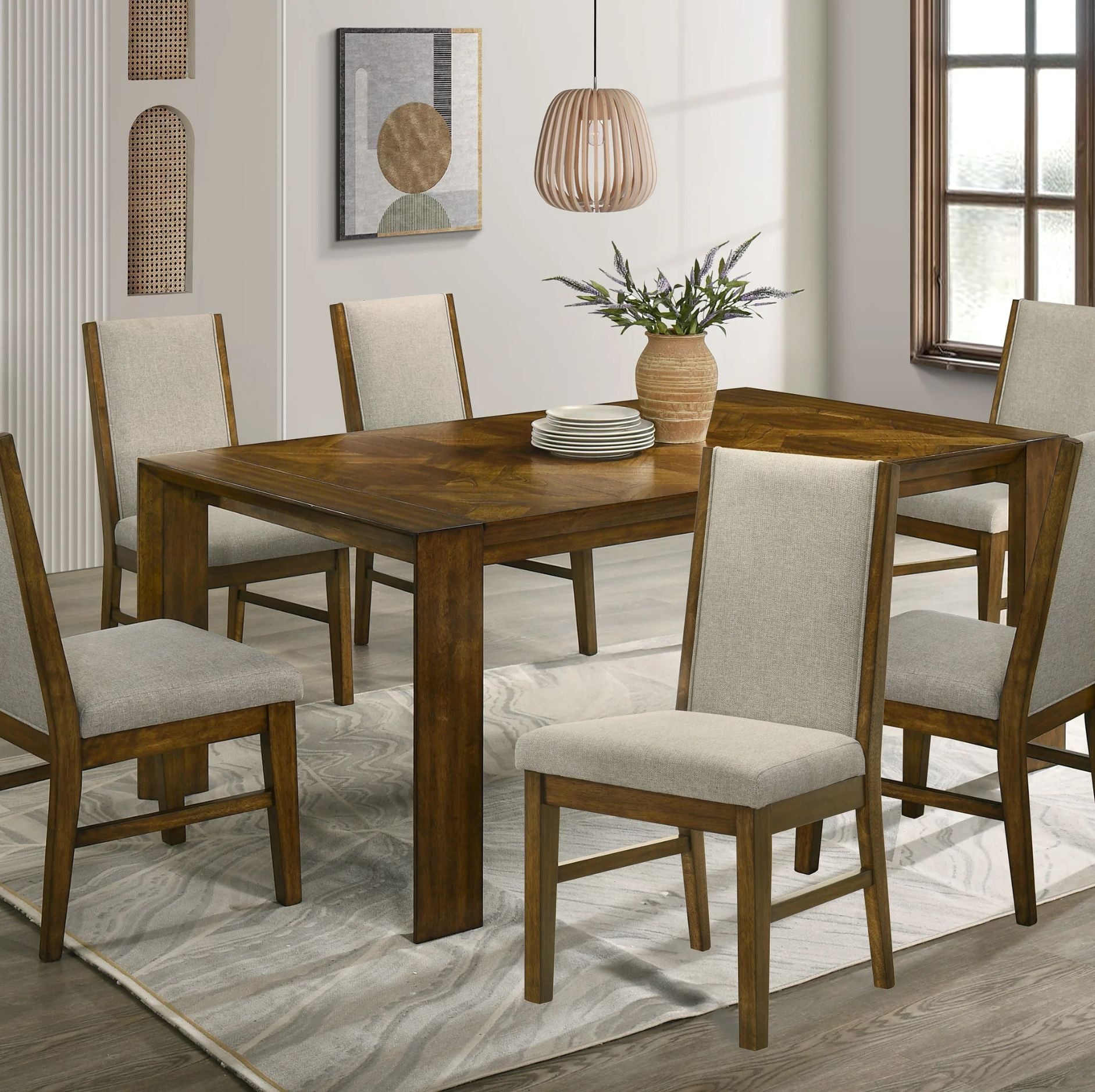 A 5-piece dining room set featuring a rectangular wooden table and four matching chairs with beige upholstered seats and backs, styled in a bright dining room setting.