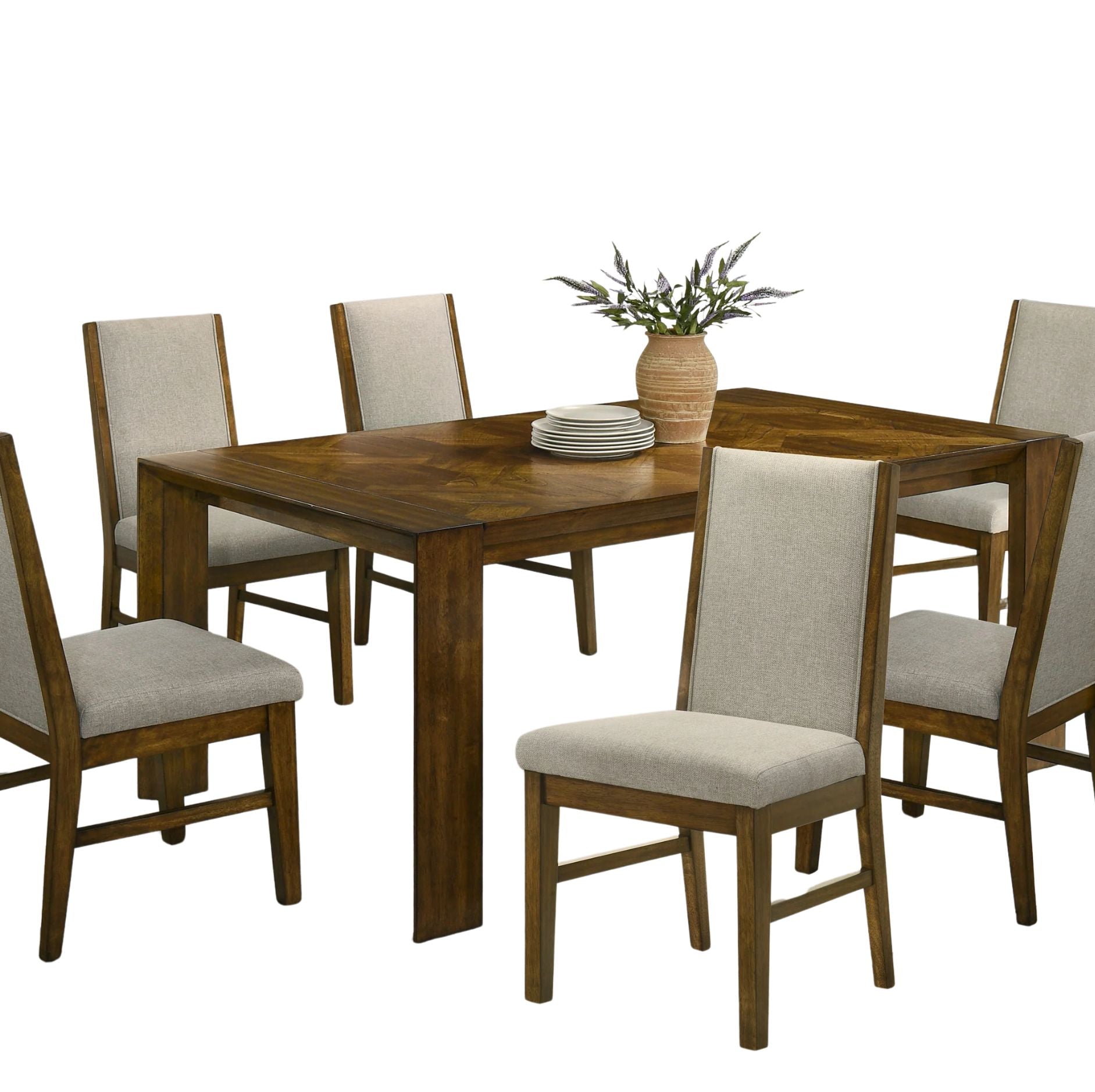 A 7-piece dining room set featuring a rectangular wooden table and six matching chairs with beige upholstered seats and backs, shown on a plain white background.