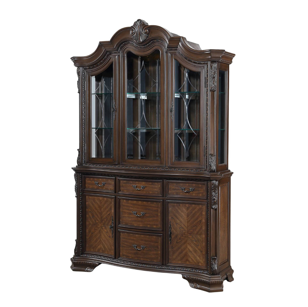 A dark brown wooden hutch cabinet with glass-front upper display doors, three drawers, and three lower cabinet doors with decorative panel detailing, shown on a plain white background.