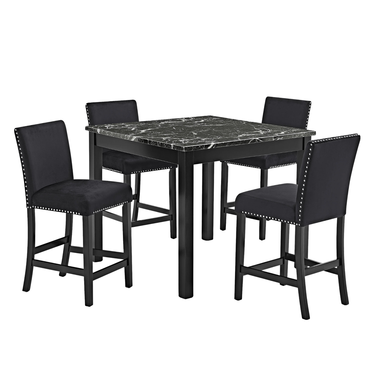 A 5-piece bar-height dining set featuring a square black table with a white marble-patterned top and four matching black barstools with nailhead trim, shown on a plain white background.