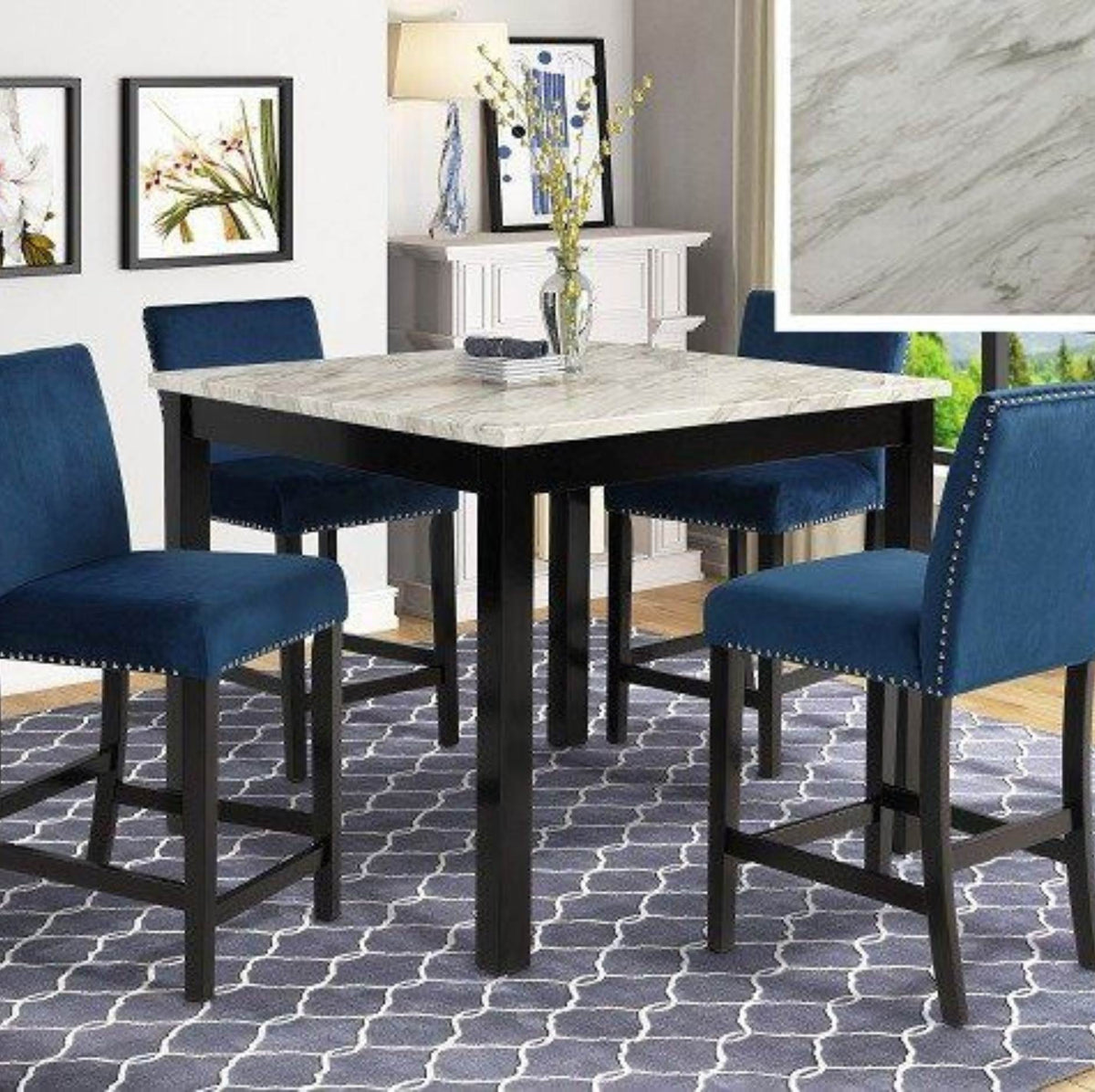 A 5-piece bar-height dining set featuring a square table with a light gray marble-patterned top and black frame, surrounded by four blue upholstered stools with dark wood legs.