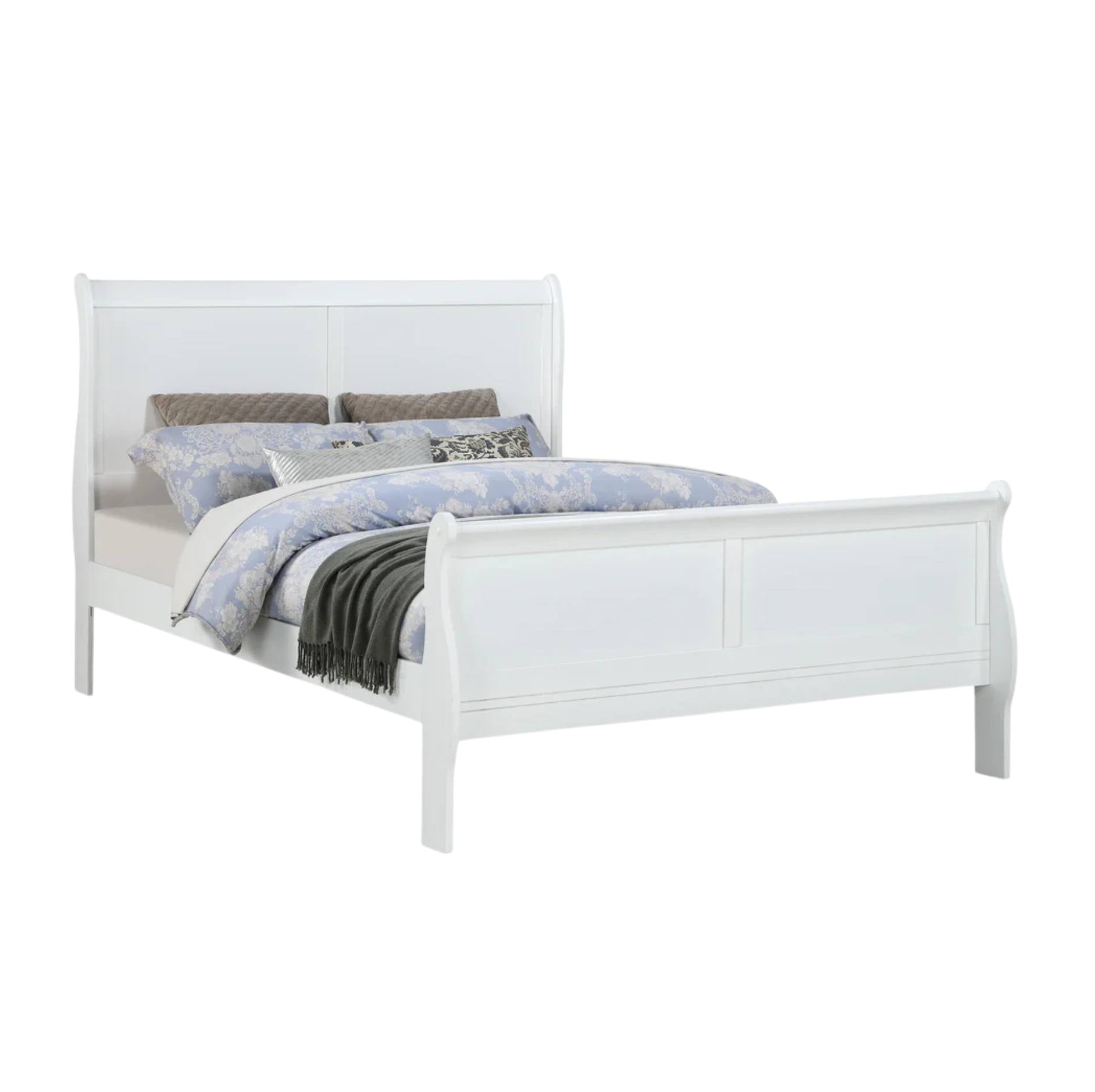 A white wooden sleigh bed frame shown with light blue patterned bedding, gray pillows, and a dark gray throw blanket, isolated on a white background.