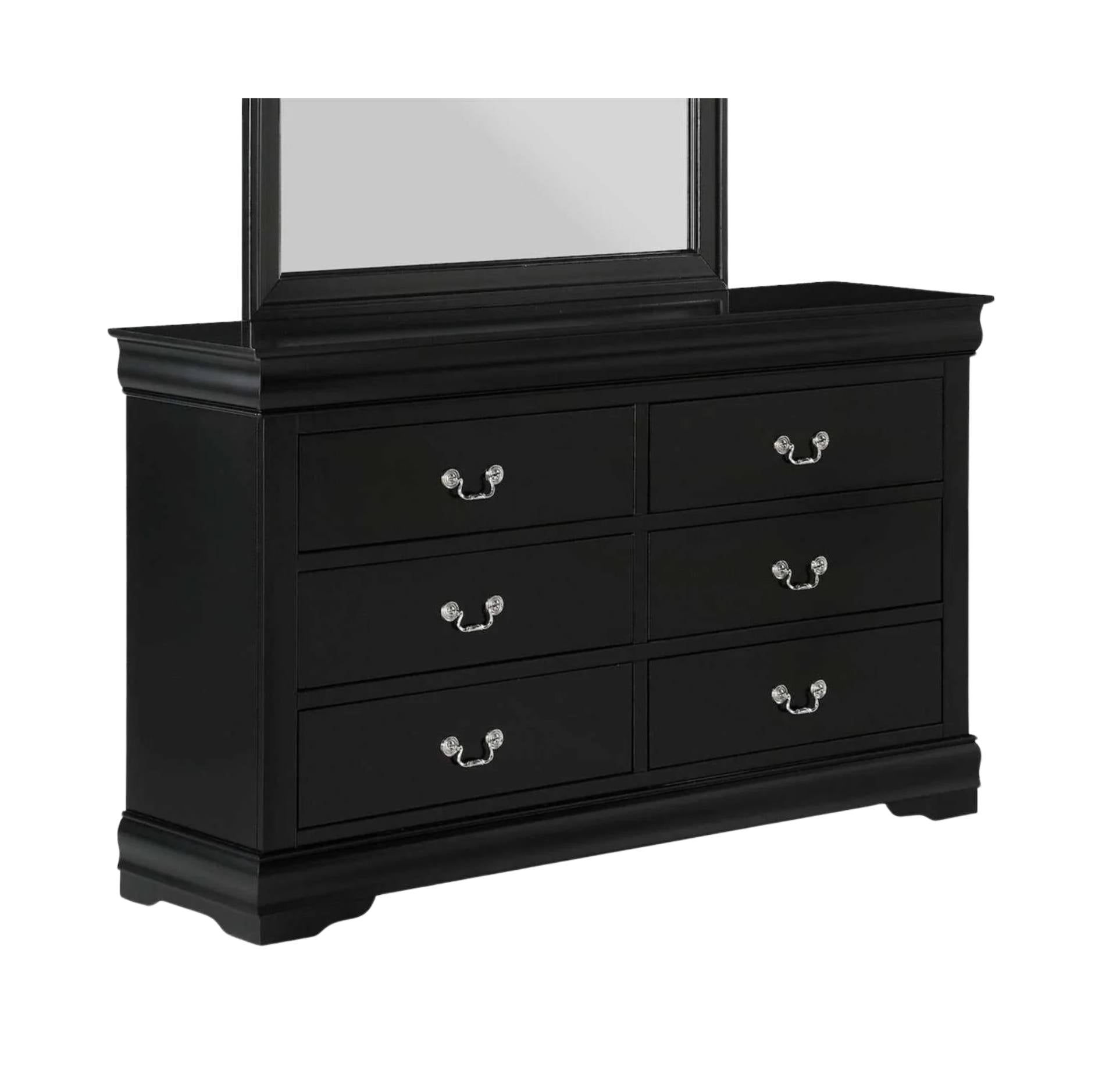 Black six-drawer dresser with silver metal handles and a matching black-framed mirror, shown on a plain white background.