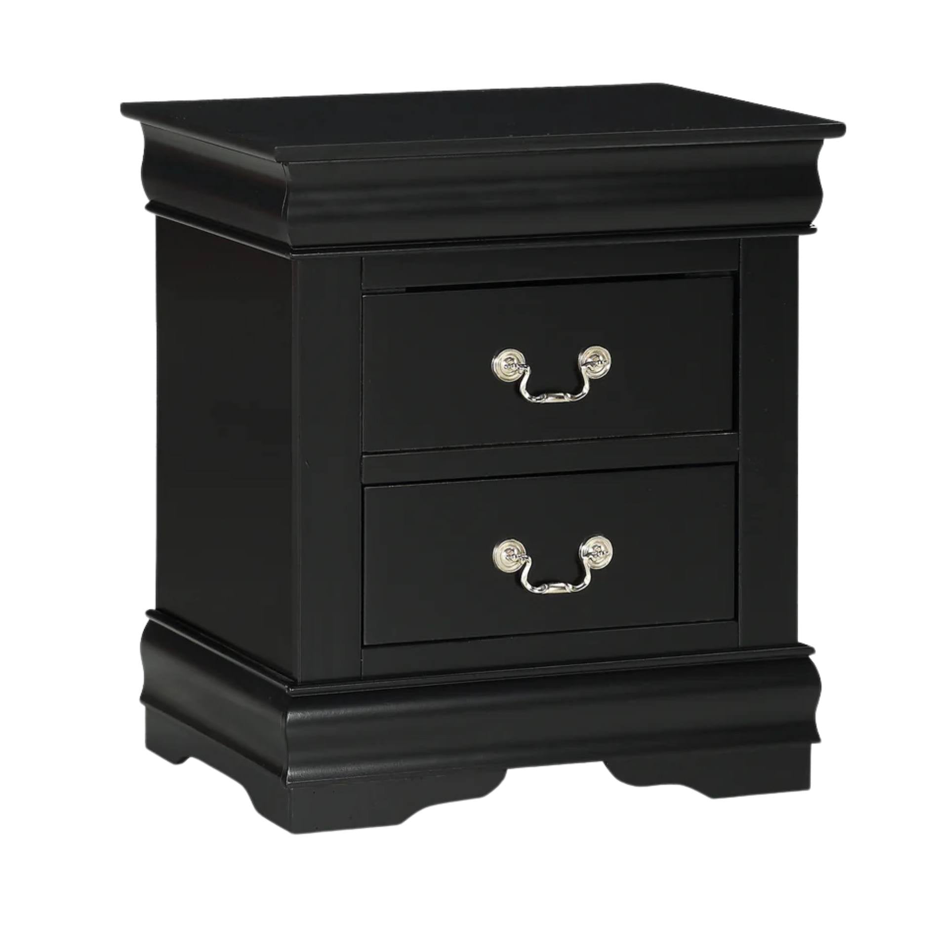 A black two-drawer nightstand with silver metal drawer pulls, shown on a plain white background.
