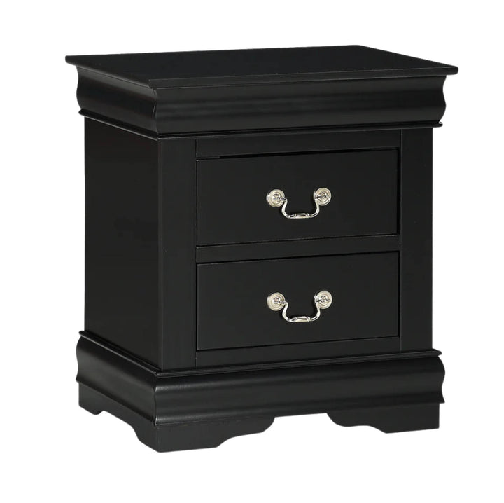 A black two-drawer nightstand with silver metal drawer pulls, shown on a plain white background.