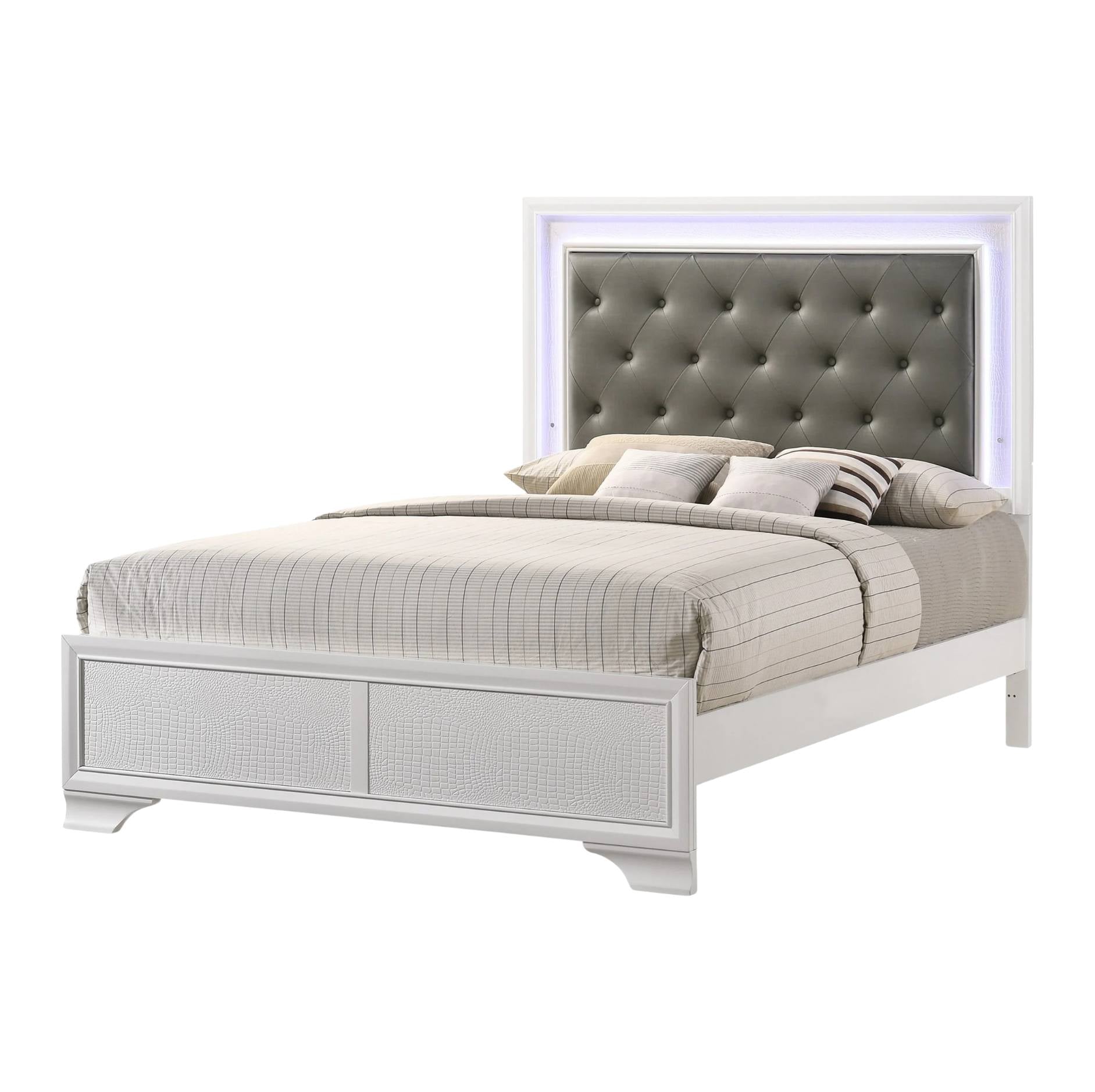 A modern white bed frame with a tall tufted headboard, illuminated by a soft purple LED light strip. The bed is dressed in neutral beige and gray striped bedding and pillows, set against a plain white background.