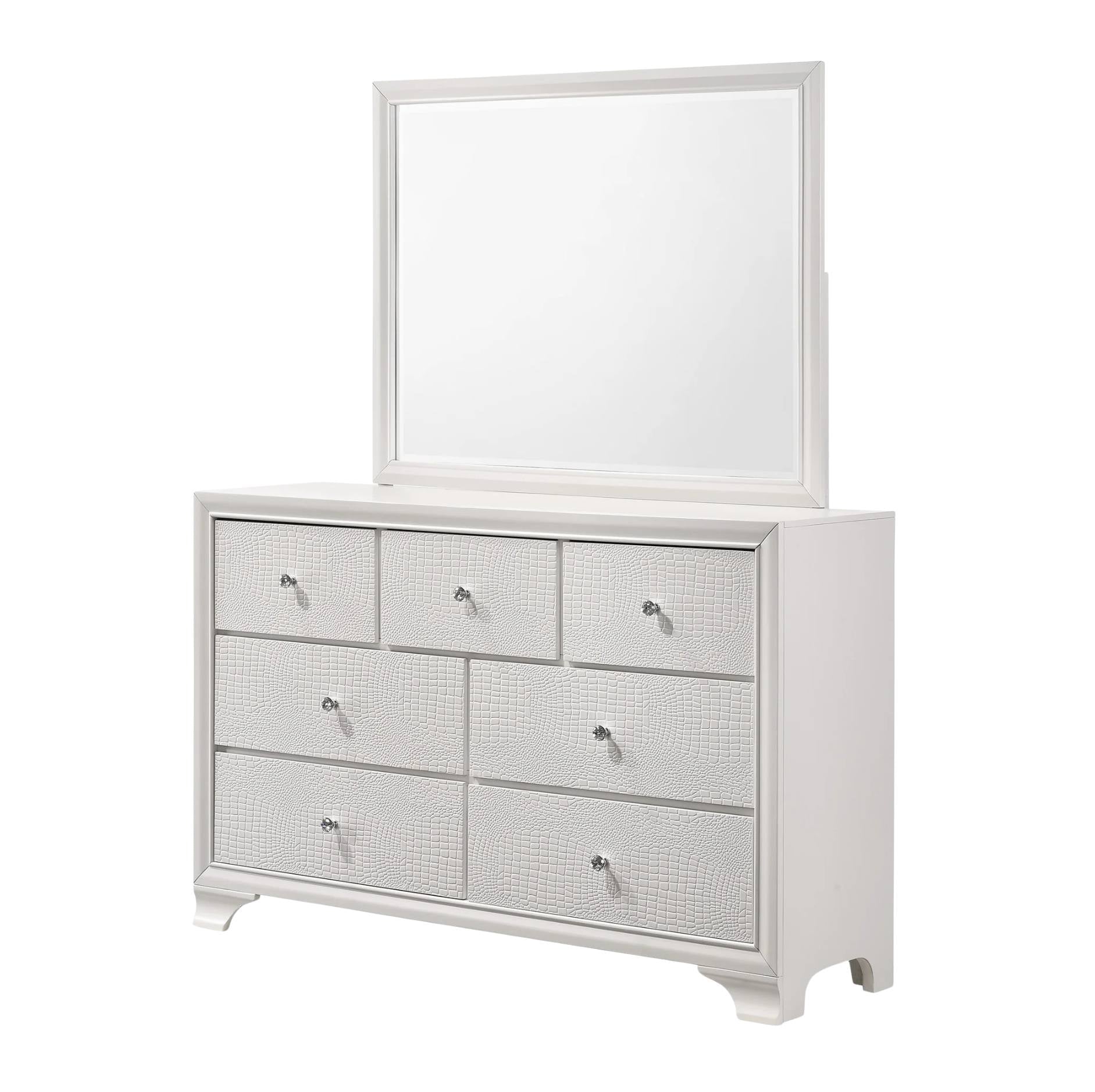 A white six-drawer dresser with textured drawer fronts and small silver knobs, topped with a matching rectangular mirror, shown on a plain white background.