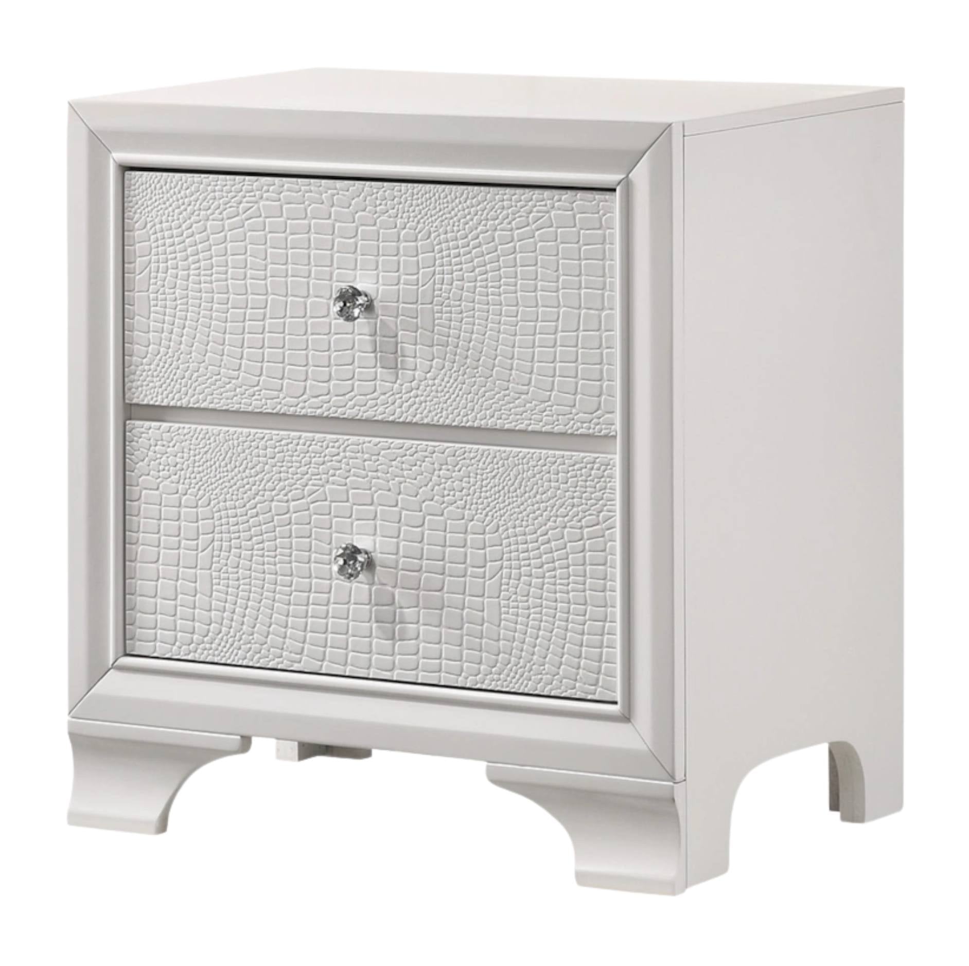A white two-drawer nightstand featuring textured faux-croc patterned drawer fronts and small silver knobs, shown on a plain white background.
