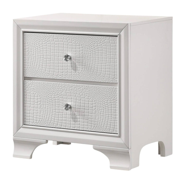 A white two-drawer nightstand featuring textured faux-croc patterned drawer fronts and small silver knobs, shown on a plain white background.