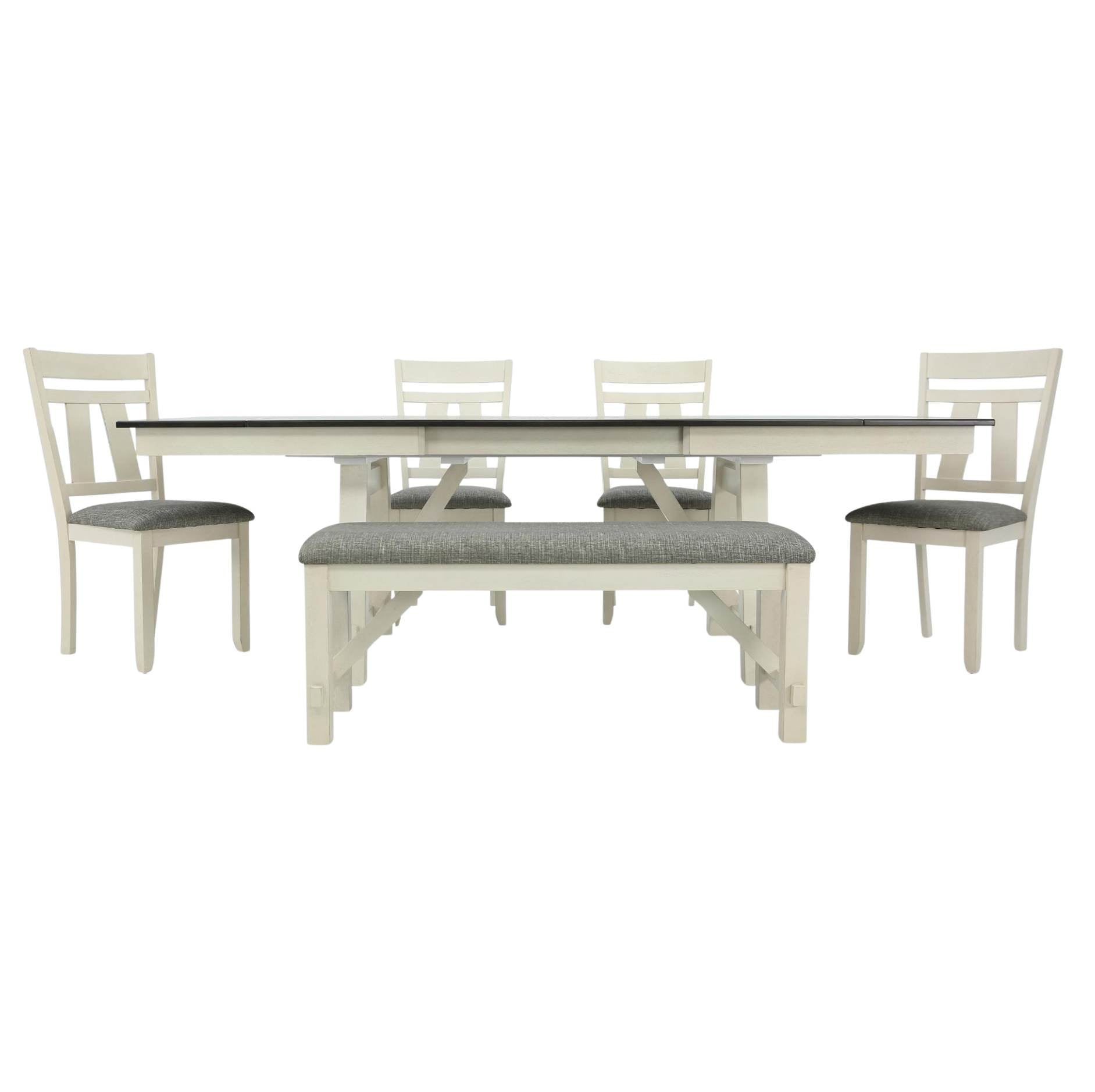 A 7-piece dining set featuring a rectangular table with a clear glass top, four white chairs with gray upholstered seats, and a matching white bench with a gray upholstered seat, shown against a plain white background.