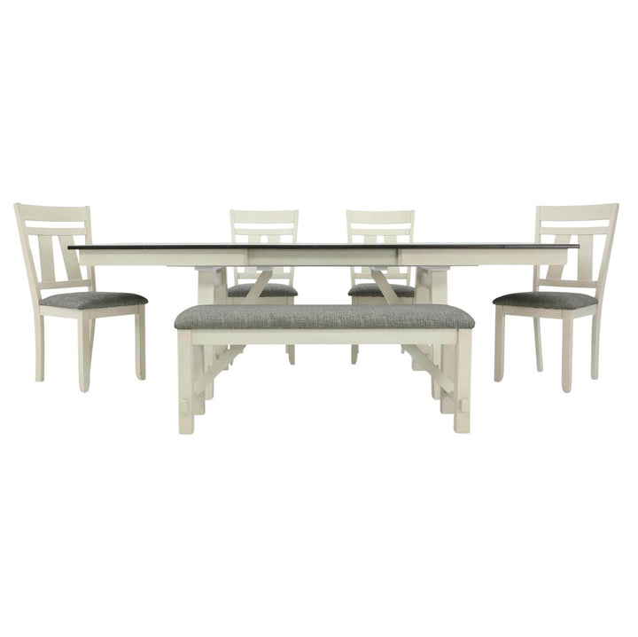A 7-piece dining set featuring a rectangular table with a clear glass top, four white chairs with gray upholstered seats, and a matching white bench with a gray upholstered seat, shown against a plain white background.