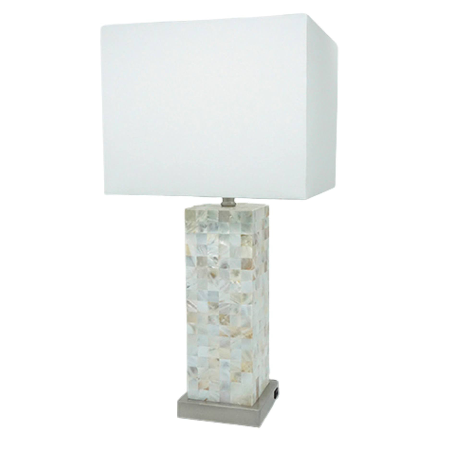 A table lamp with a large white rectangular fabric shade and a mosaic shell-look base on a white background.