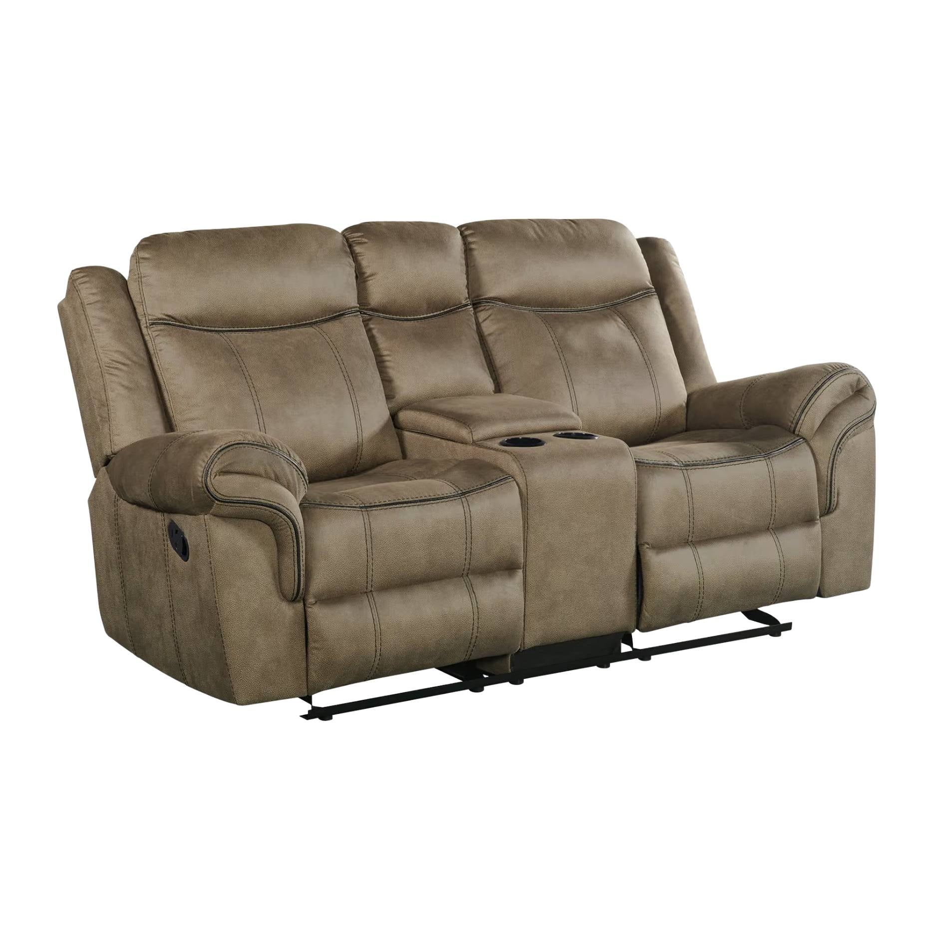 A three-seat reclining loveseat in taupe brown faux leather, featuring a center console with cup holders and black metal support legs, shown against a plain white background.