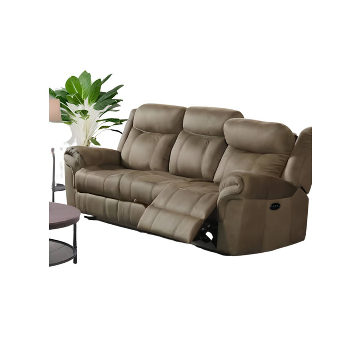 A three-seat power reclining sofa upholstered in taupe brown faux leather, shown with the leftmost seat reclined. A small side table and a potted plant are partially visible on the left against a plain white background.