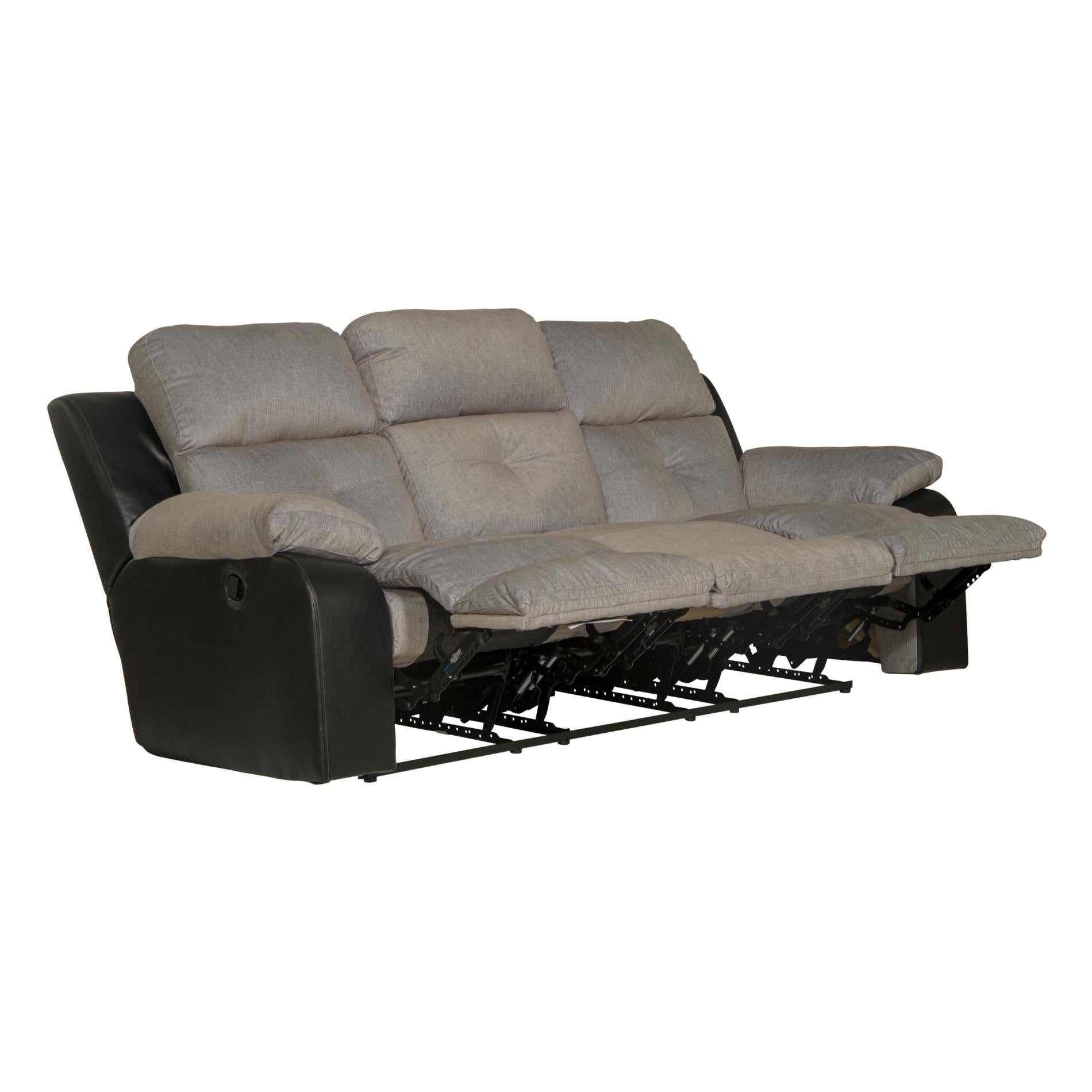 Gray reclining sofa with black armrests on a white background