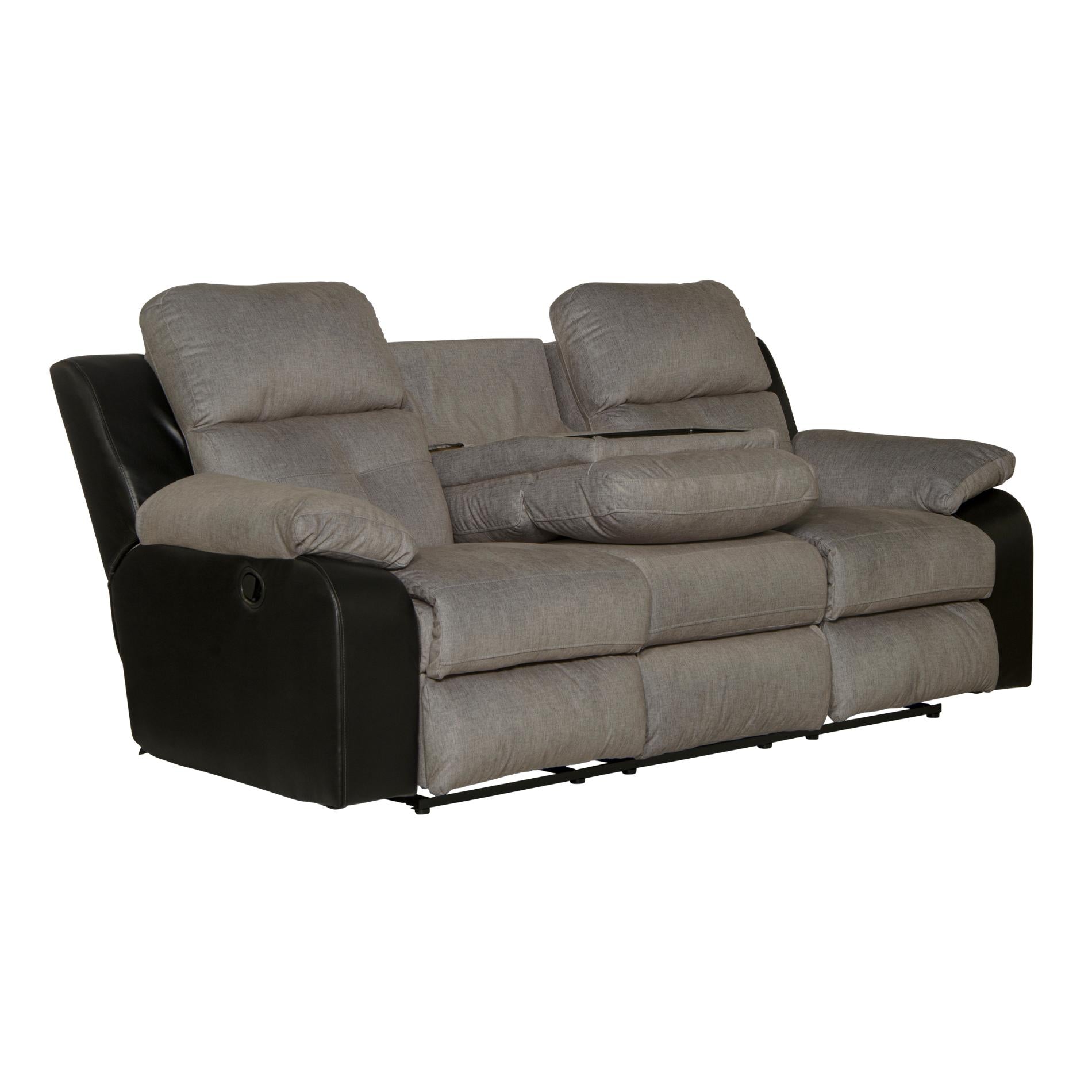 Gray reclining sofa with black armrests on a white background