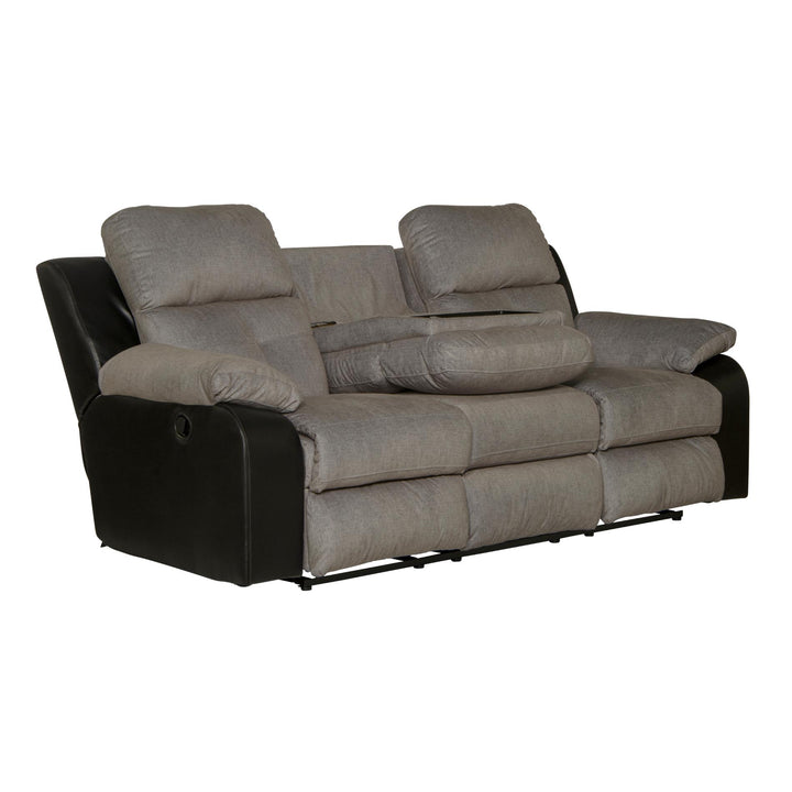 Gray reclining sofa with black armrests on a white background