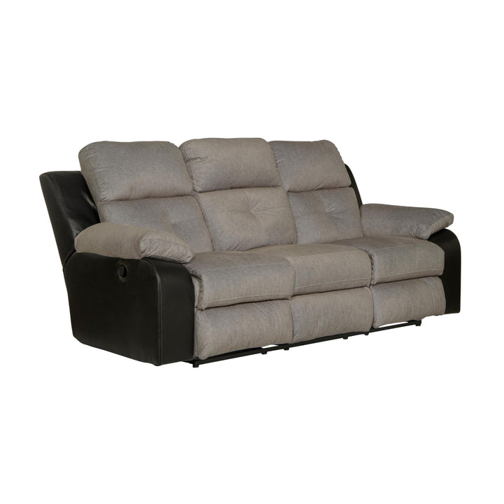 Gray reclining sofa with black armrests on a white background