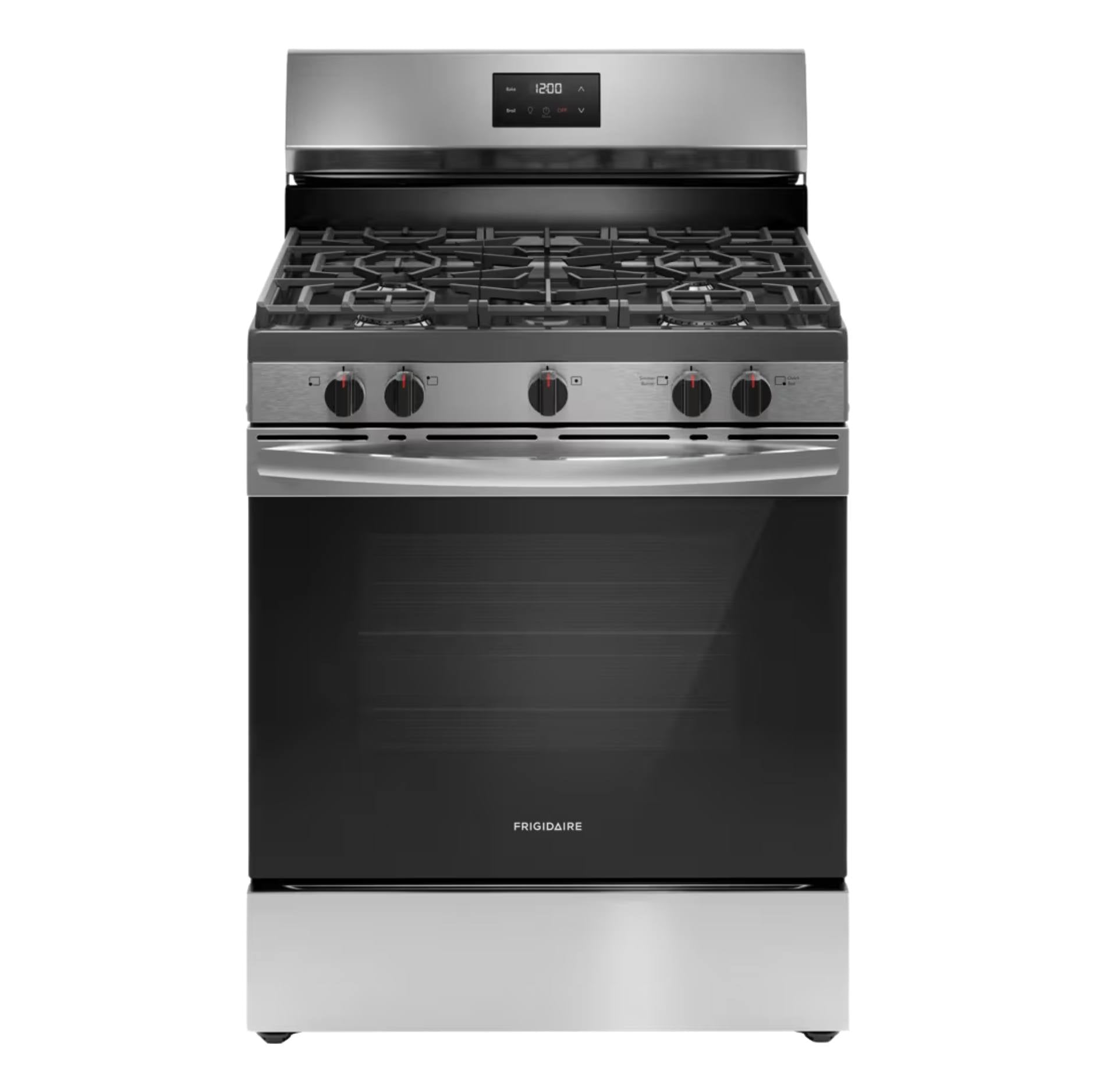 Stainless steel gas range with black oven door on a white background