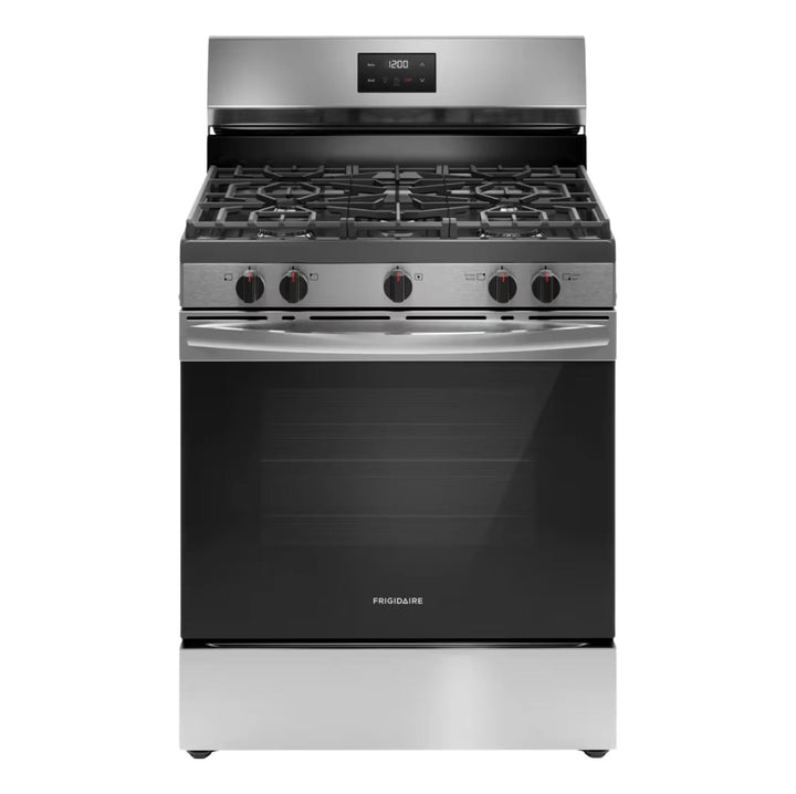 Stainless steel gas range with black oven door on a white background