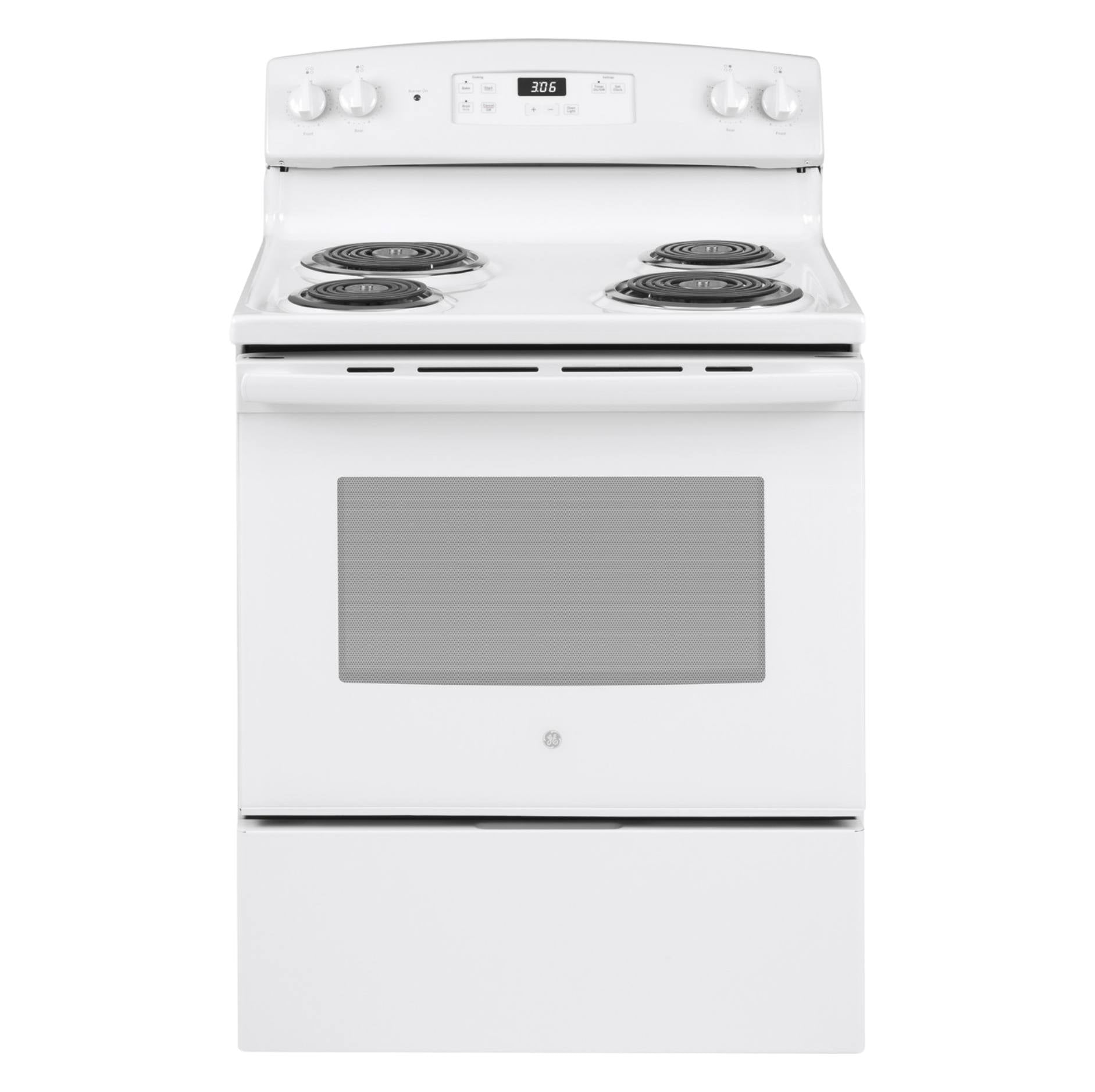 A white electric range with a four-burner coil cooktop, rear control panel with white knobs, and an oven window, shown on a plain white background.