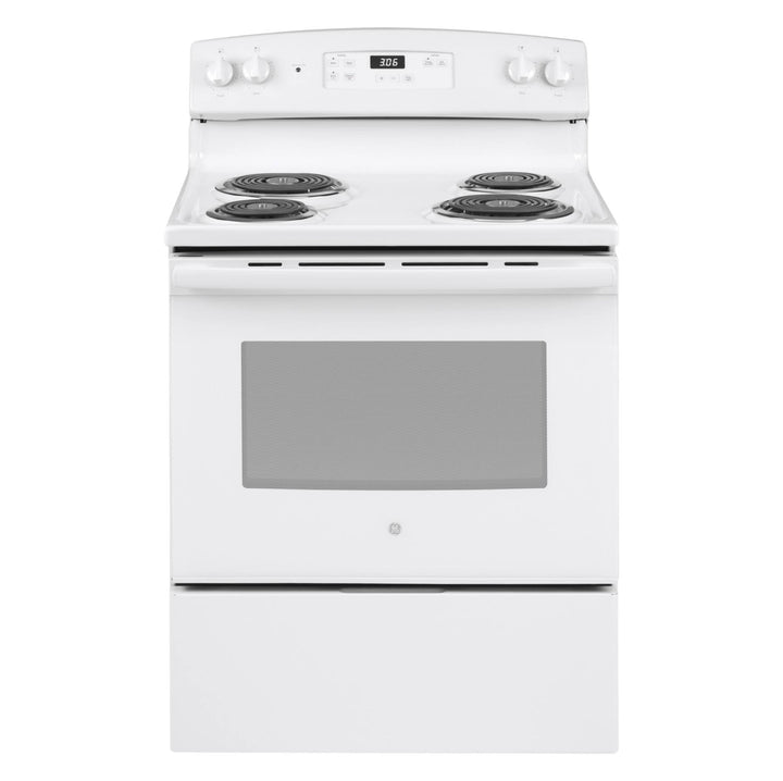 A white electric range with a four-burner coil cooktop, rear control panel with white knobs, and an oven window, shown on a plain white background.