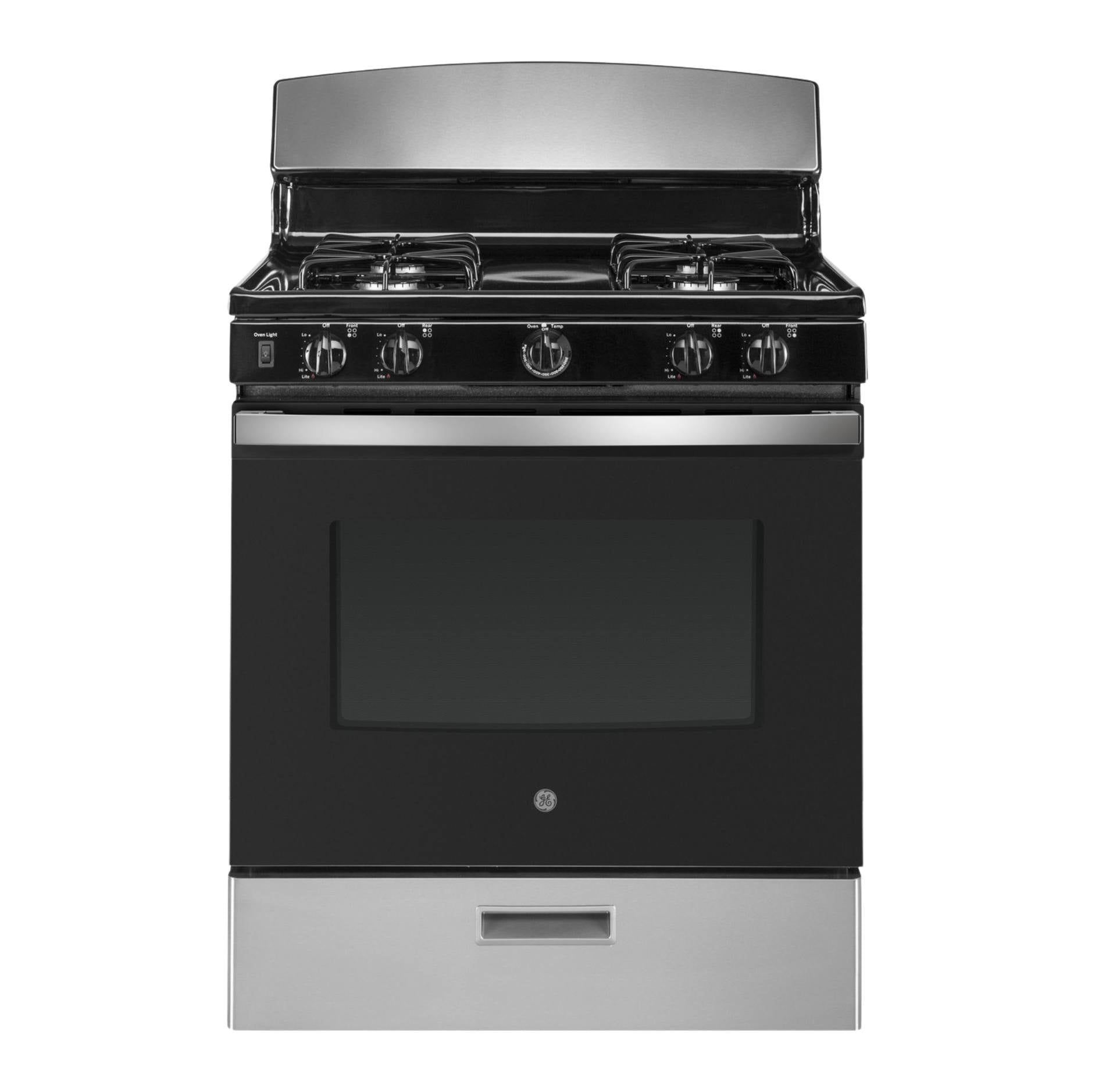 A freestanding gas range stove with a black oven door, stainless steel back panel and drawer front, and black control knobs on a white background.