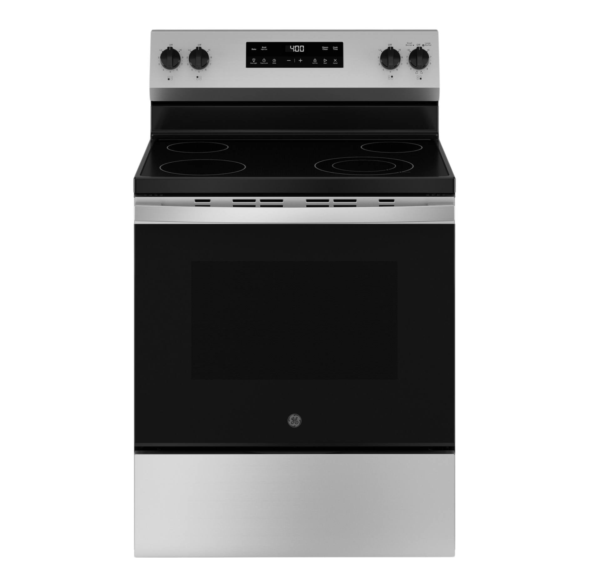A GE electric range with a stainless steel body and black glass cooktop and oven door, shown against a plain white background.