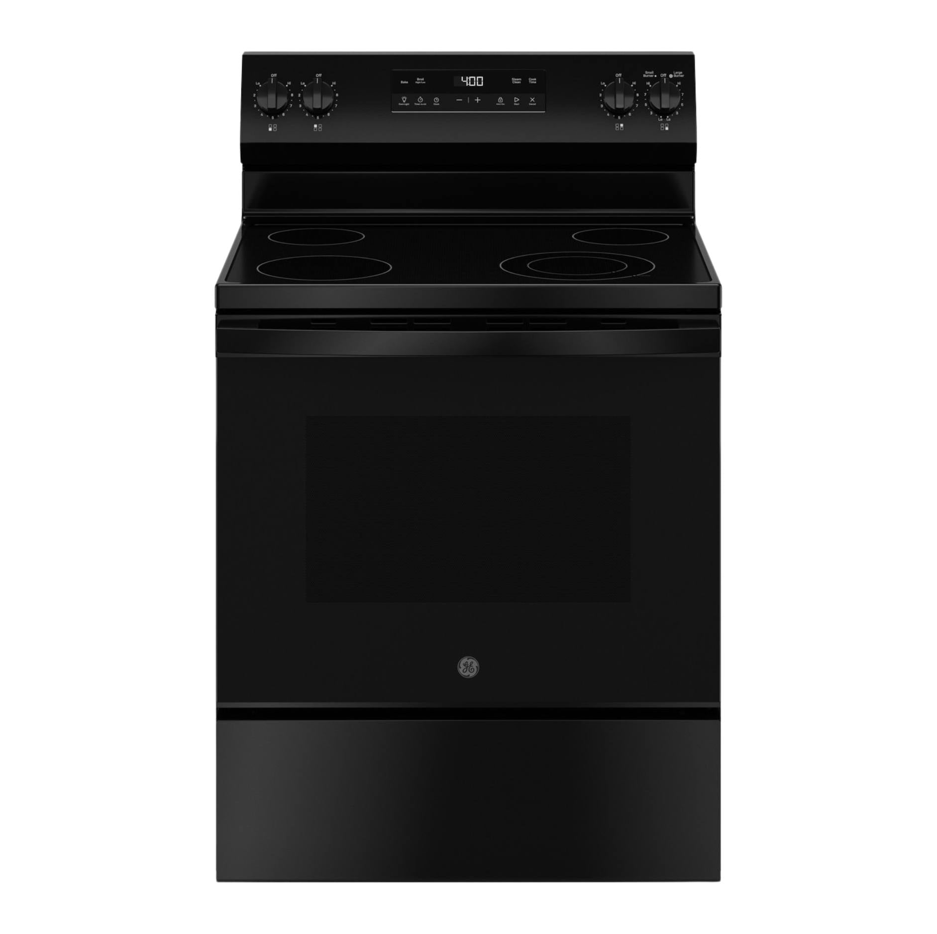 A black GE electric range with a smooth-top cooktop, four burners, and an oven with a glass door, shown against a plain white background.