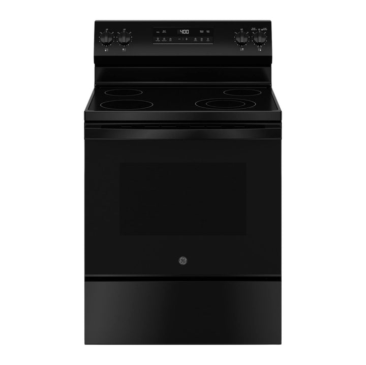A black GE electric range with a smooth-top cooktop, four burners, and an oven with a glass door, shown against a plain white background.