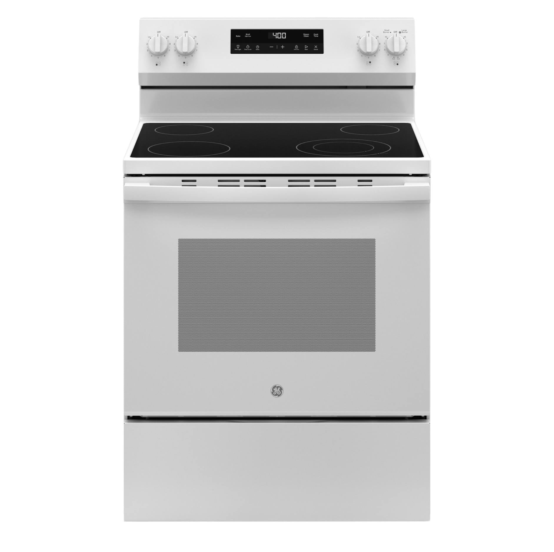 A white GE freestanding range with a black glass cooktop, digital control panel, and lower storage drawer, shown against a plain white background.