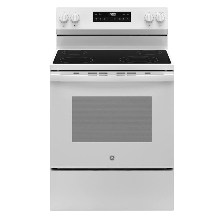 A white GE freestanding range with a black glass cooktop, digital control panel, and lower storage drawer, shown against a plain white background.