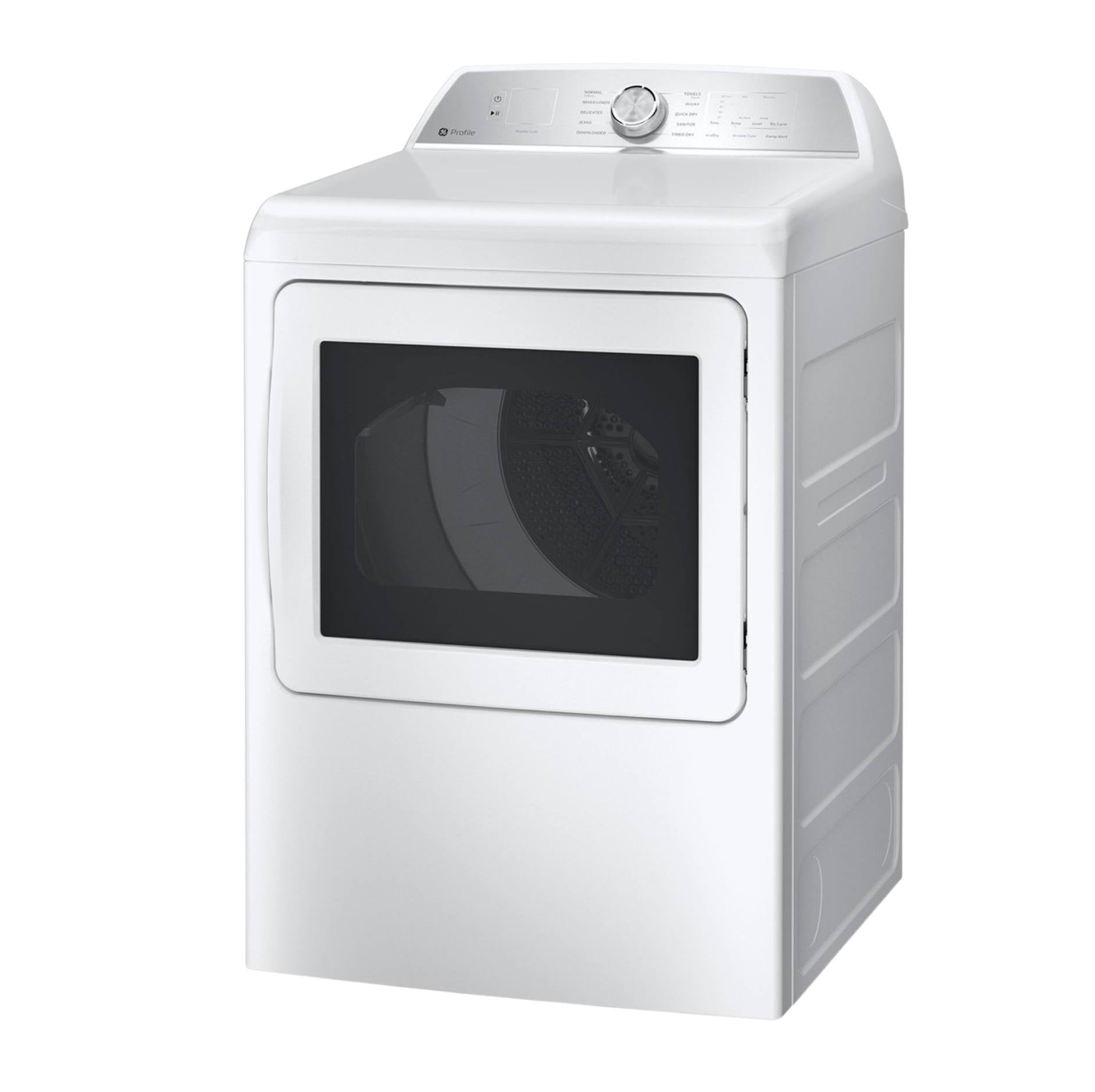 A white top-loading clothes dryer with a front-loading door and a control panel on top, shown against a plain white background.