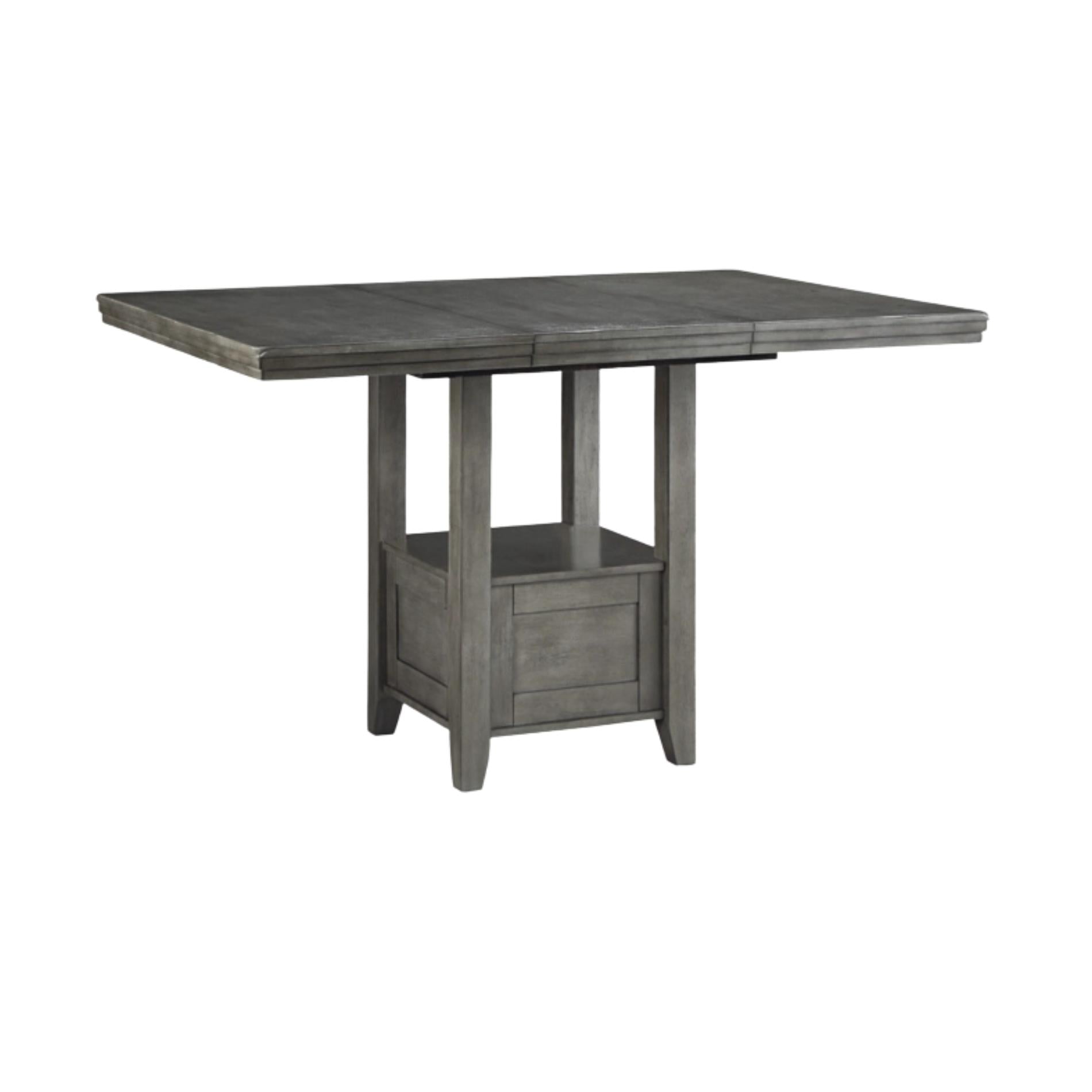 Gray wooden dining table with a drawer on a white background