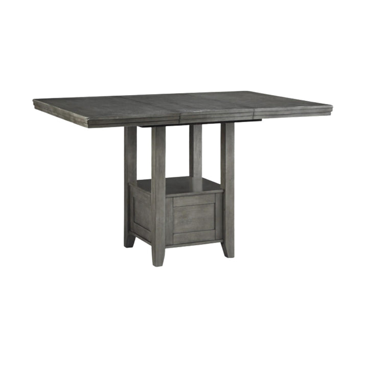 Gray wooden dining table with a drawer on a white background