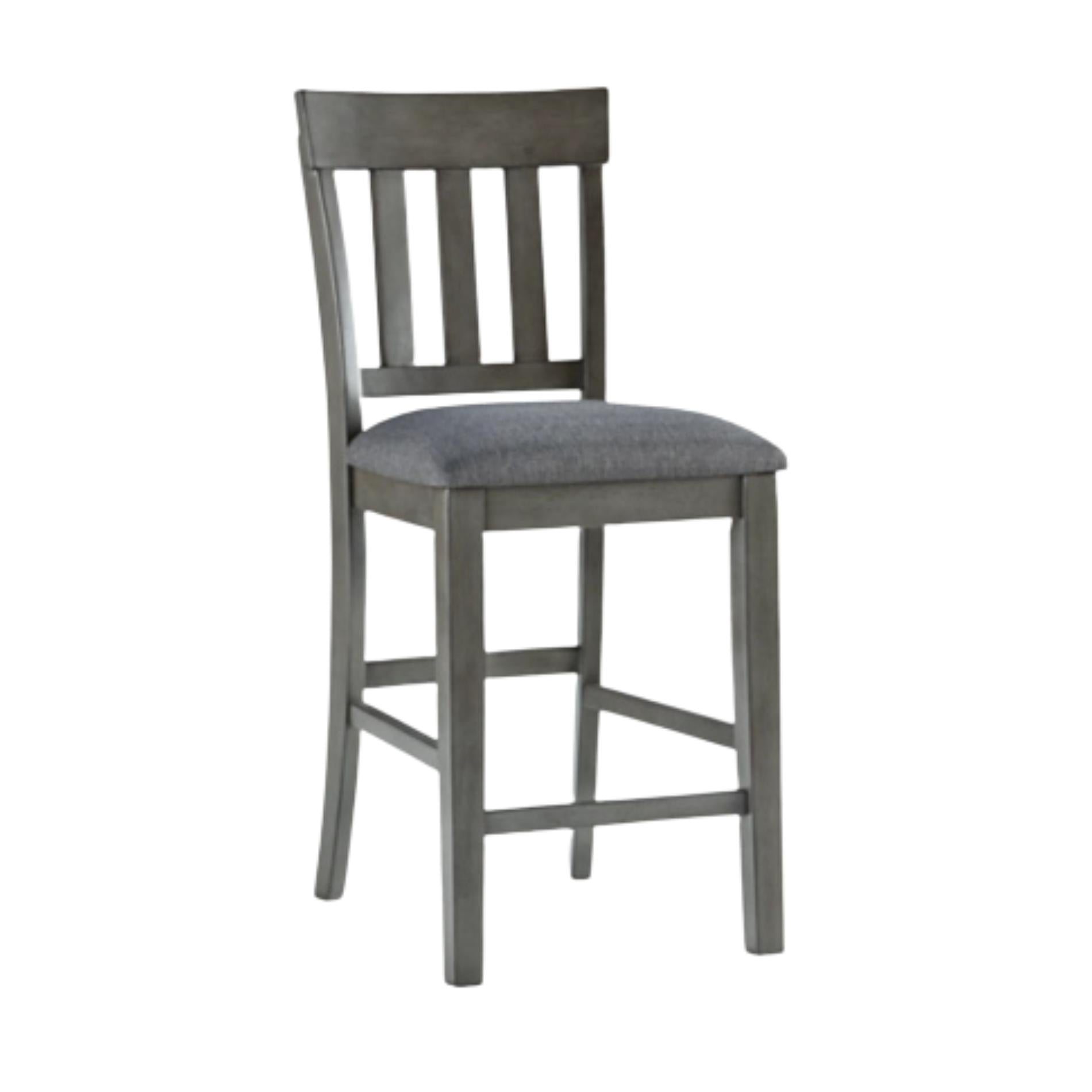 Gray bar stool with a cushioned seat on a white background