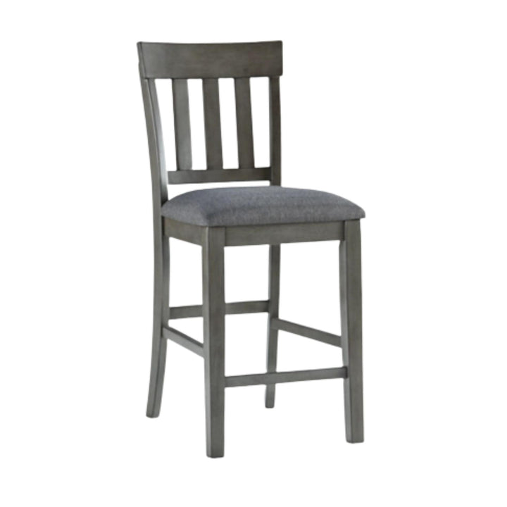 Gray bar stool with a cushioned seat on a white background