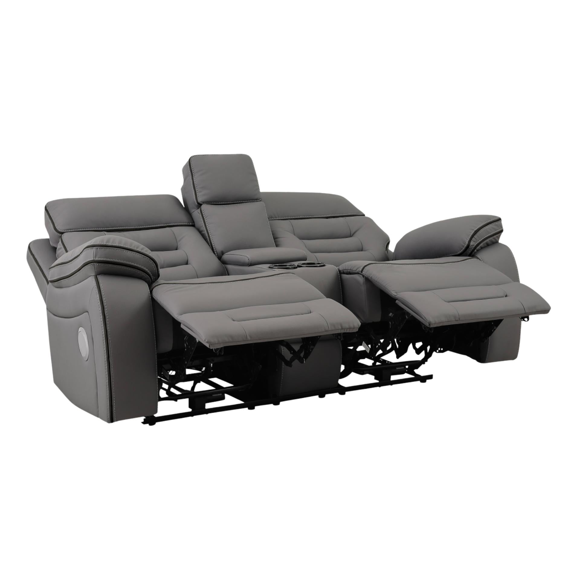 Gray reclining sofa with multiple seats on a white background