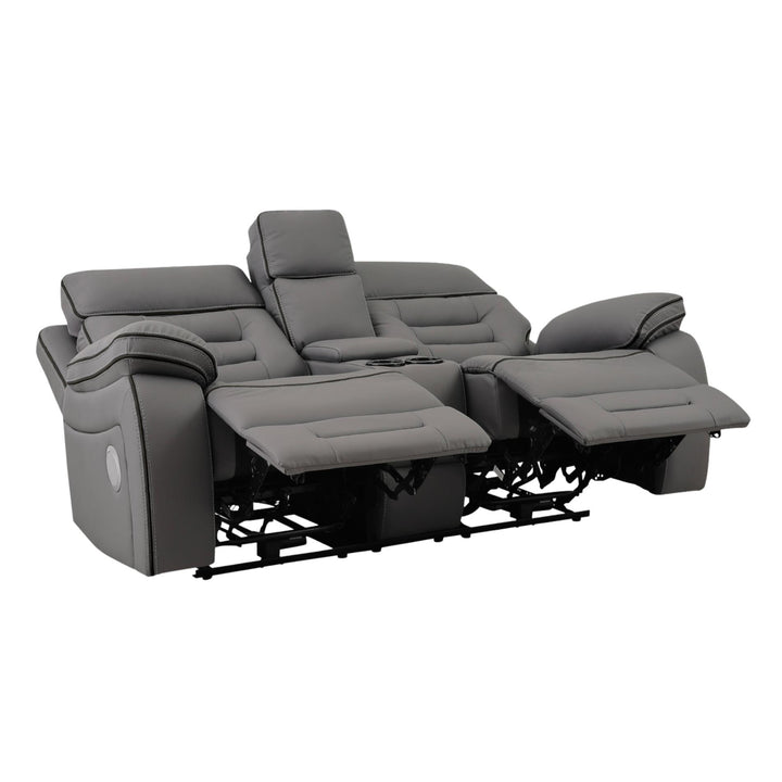Gray reclining sofa with multiple seats on a white background