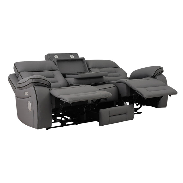 Gray reclining sofa with cup holders on a white background