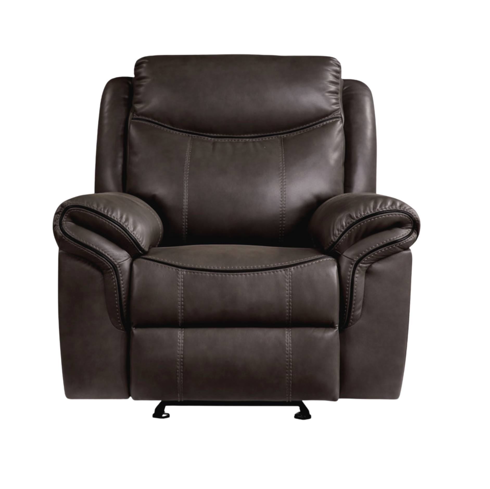 A dark brown faux leather recliner chair with padded armrests and a high backrest, shown against a plain white background.