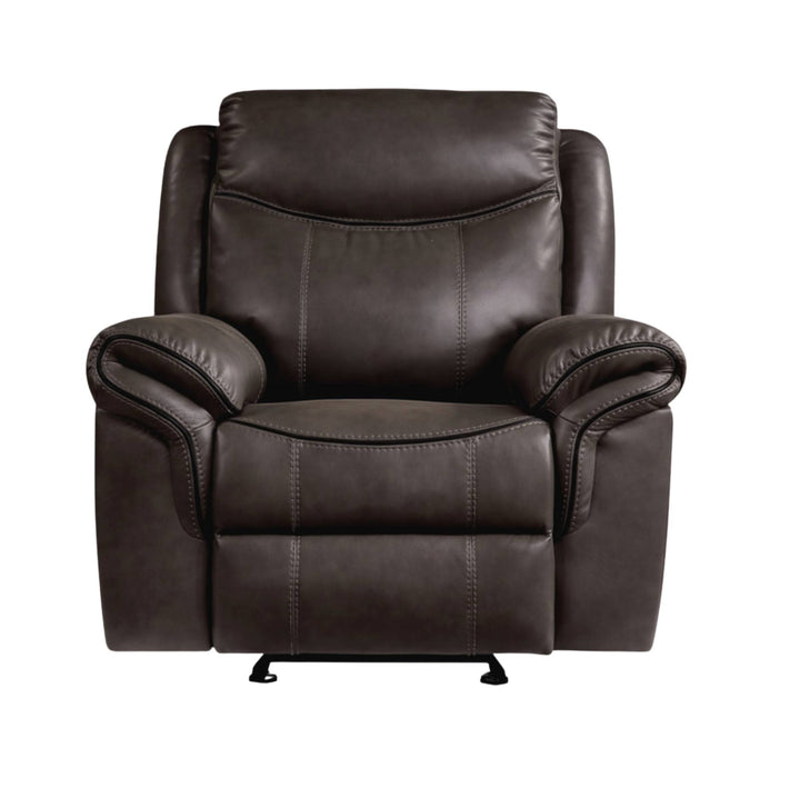 A dark brown faux leather recliner chair with padded armrests and a high backrest, shown against a plain white background.