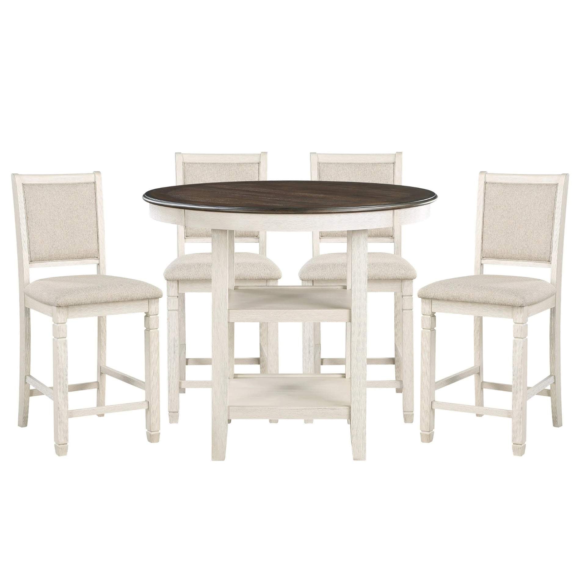 Round dining table with four matching chairs on a white background