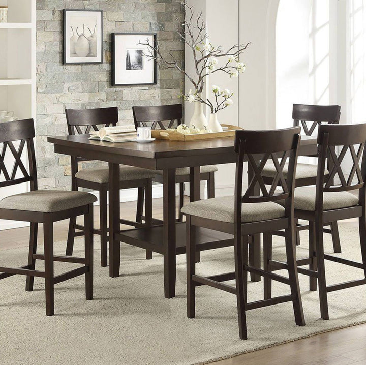 A 7-piece counter height dining set featuring a rectangular dark brown wood table and six matching high-back chairs with light beige upholstered seats, shown in a styled dining room setting.