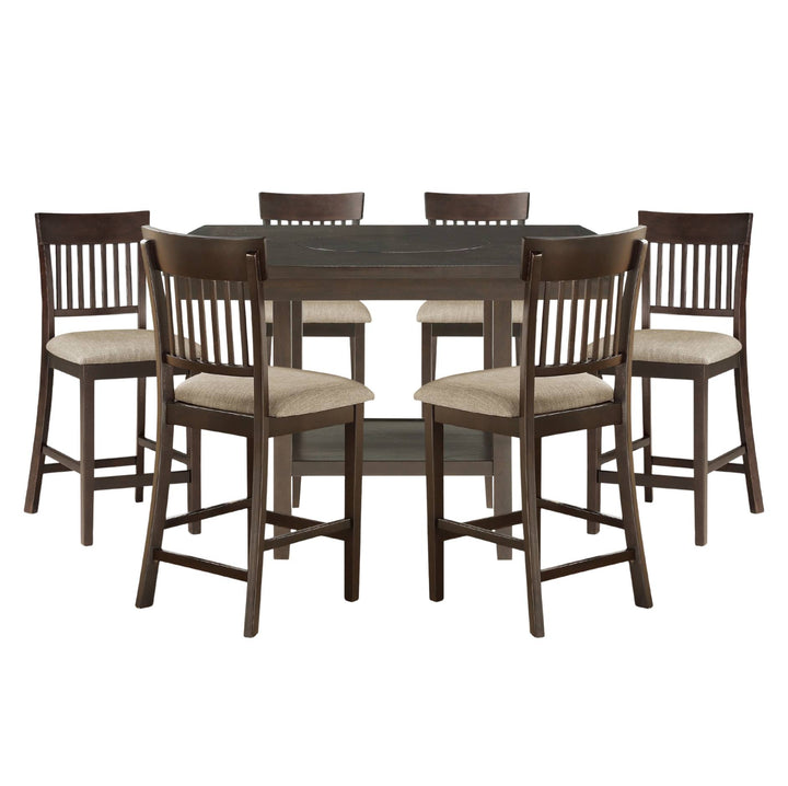 A 7-piece counter-height dining set featuring a dark brown rectangular table and six matching bar stools with beige upholstered seats, shown on a plain white background.