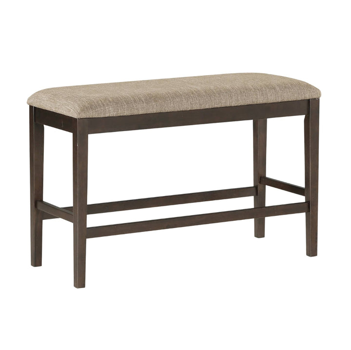 An upholstered wooden bench with a dark brown frame and a light beige textured fabric seat cushion, shown against a plain white background.