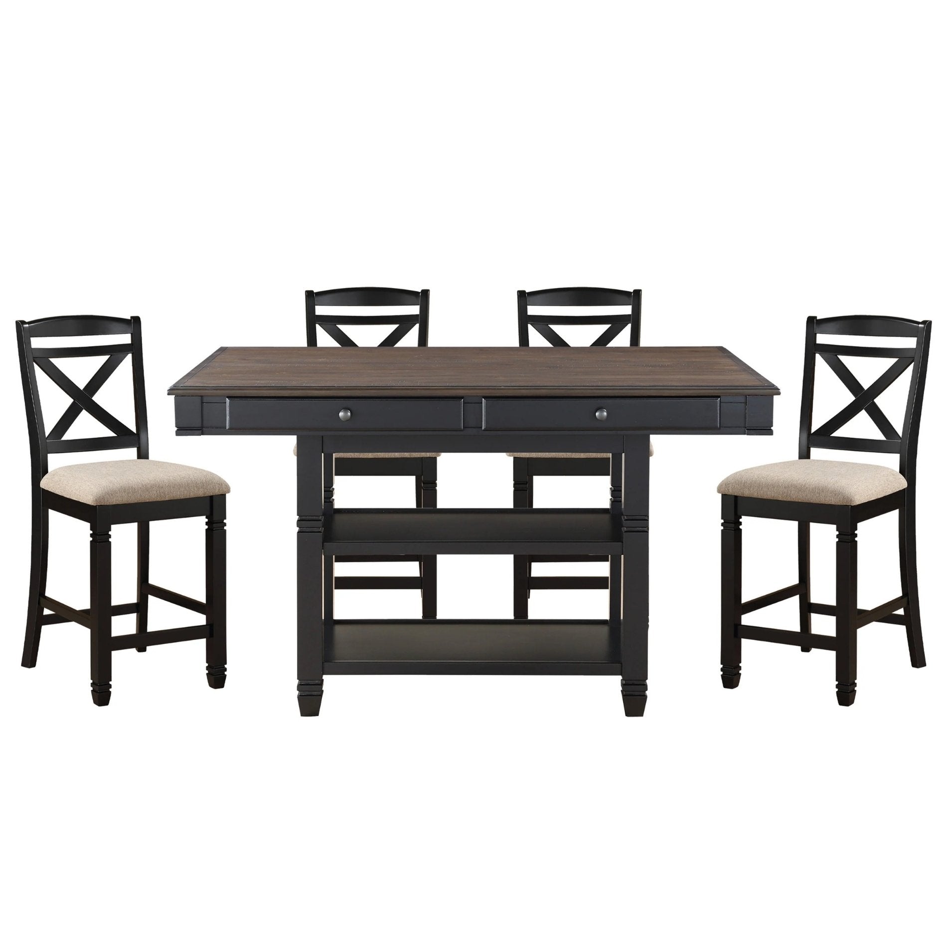 Dining table set with four chairs on a white background