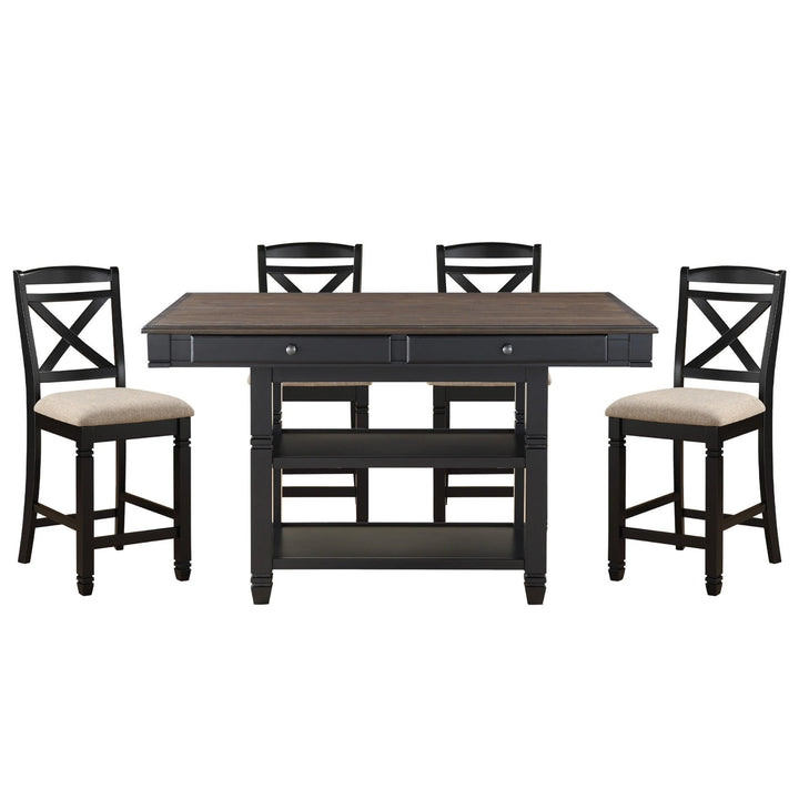 Dining table set with four chairs on a white background